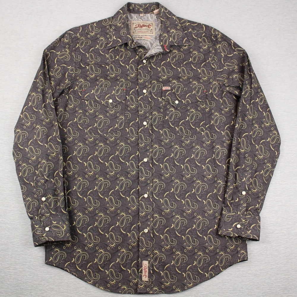 Rafter C ProFlex45 Performance Pearl Snap Shirt Mens M Gray Paisley Long Sleeve